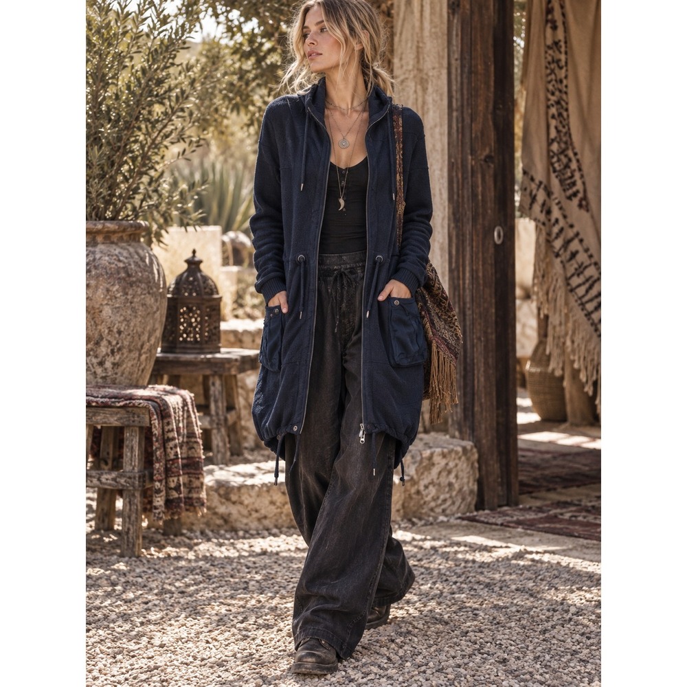 Free People Longline Knit Utility Cardigan Jacket Navy High Low Cargo S